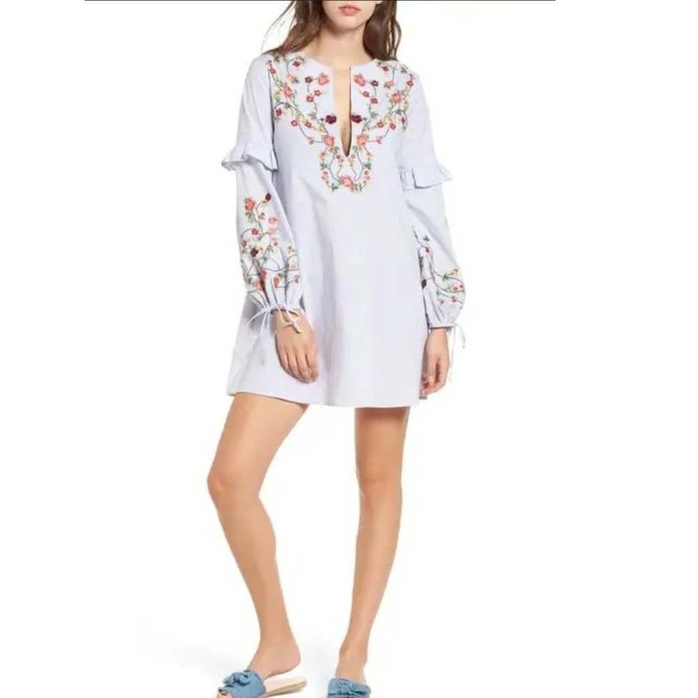 Socialite Embroidered Tunic Dress Womens S Blue White Striped Floral Ruffle Tie